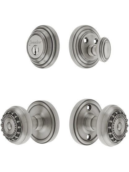 Grandeur Georgetown Entry Door Set, Keyed Alike with Parthenon Knobs in Antique Pewter.